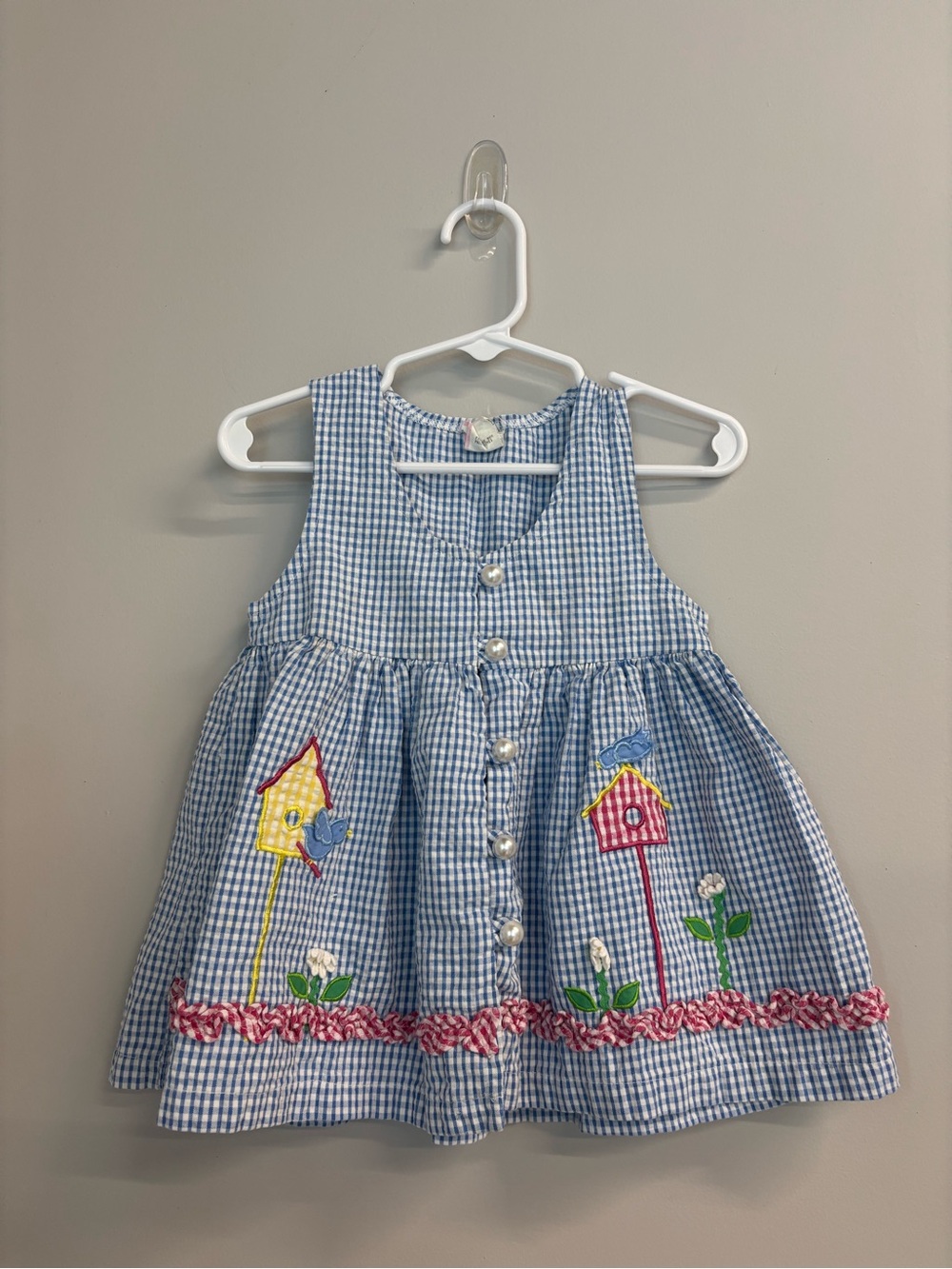 Vintage 90s Girls Blue Gingham Embroidered Birdhouse Dress 24M